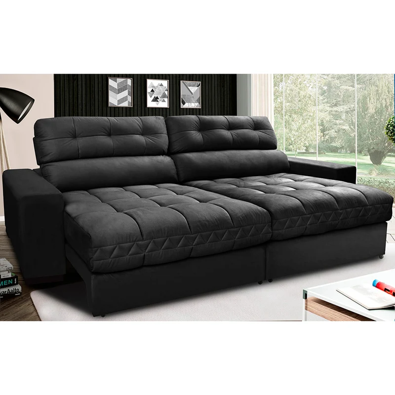 Sofá Retrátil e Reclinável com Molas Ensacadas Cama inBox Master Tecido Suede Preto / 2,92m