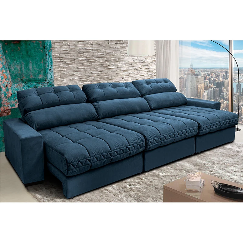 Sofá Retrátil e Reclinável com Molas Ensacadas Cama inBox Master Tecido Suede Azul / 3,52m