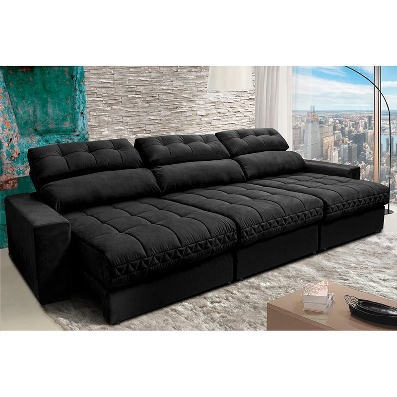 Sofá Retrátil e Reclinável com Molas Ensacadas Cama inBox Master Tecido Suede Preto / 3,82m