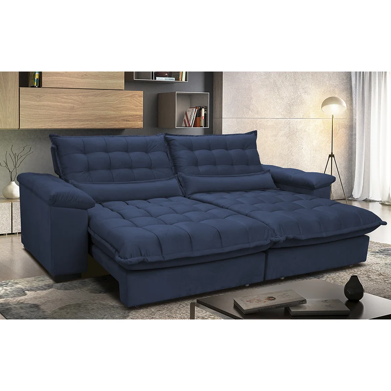 Sofá Retrátil e Reclinável Aconchego com Molas Ensacadas Velusoft Cama inBox Azul / 2,52m