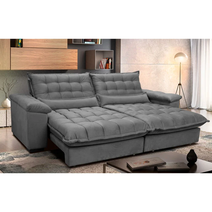 Sofá Retrátil e Reclinável Aconchego com Molas Ensacadas Velusoft Cama inBox Cinza / 2,52m