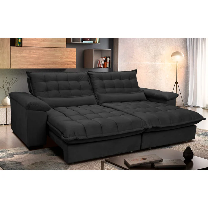 Sofá Retrátil e Reclinável Aconchego com Molas Ensacadas Velusoft Cama inBox Preto / 2,52m