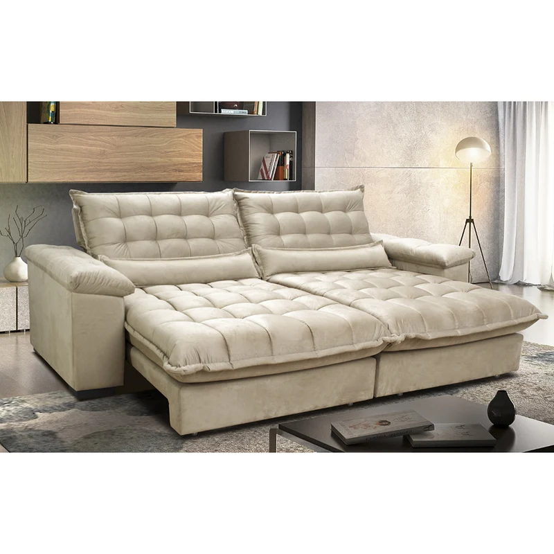 Sofá Retrátil e Reclinável Aconchego com Molas Ensacadas Velusoft Cama inBox Bege / 2,72m