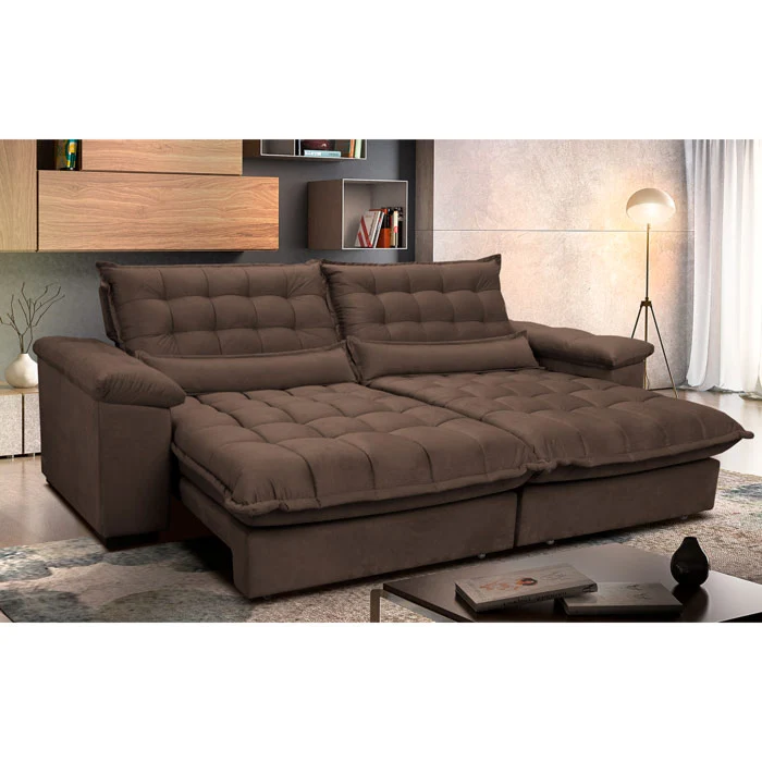 Sofá Retrátil e Reclinável Aconchego com Molas Ensacadas Velusoft Cama inBox Café / 2,92m