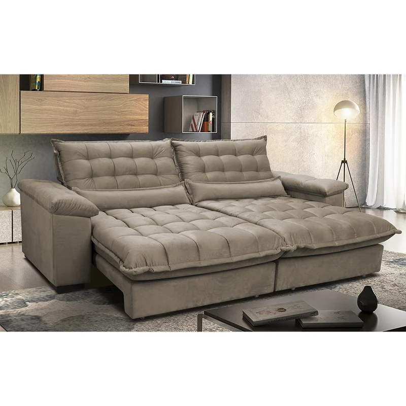 Sofá Retrátil e Reclinável Aconchego com Molas Ensacadas Velusoft Cama inBox Castor / 2,92m