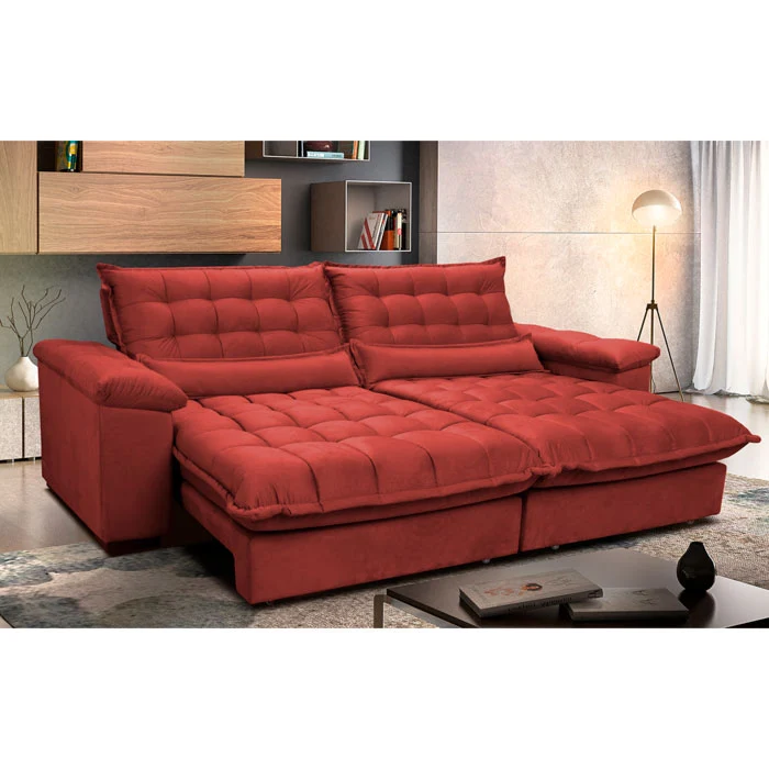 Sofá Retrátil e Reclinável Aconchego com Molas Ensacadas Velusoft Cama inBox Vermelho / 2,92m