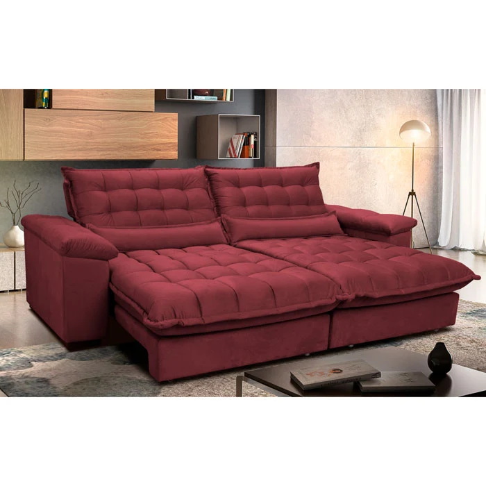 Sofá Retrátil e Reclinável Aconchego com Molas Ensacadas Velusoft Cama inBox Vinho / 2,92m