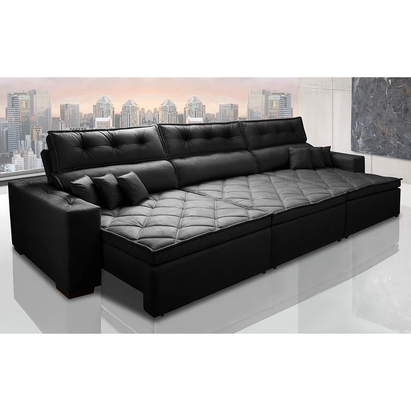 Sofá Retrátil e Reclinável Austin com Molas no Assento Velusoft Cama inBox Preto / 3,82m
