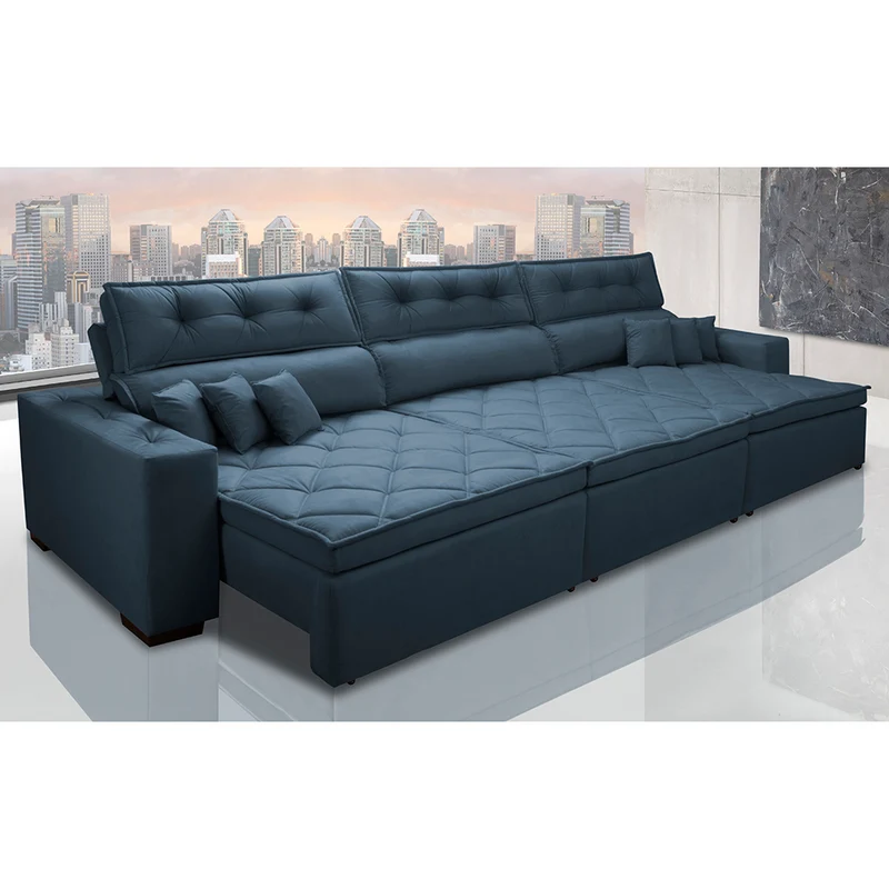 Sofá Retrátil e Reclinável Austin com Molas no Assento Velusoft Cama inBox Azul / 4,12m
