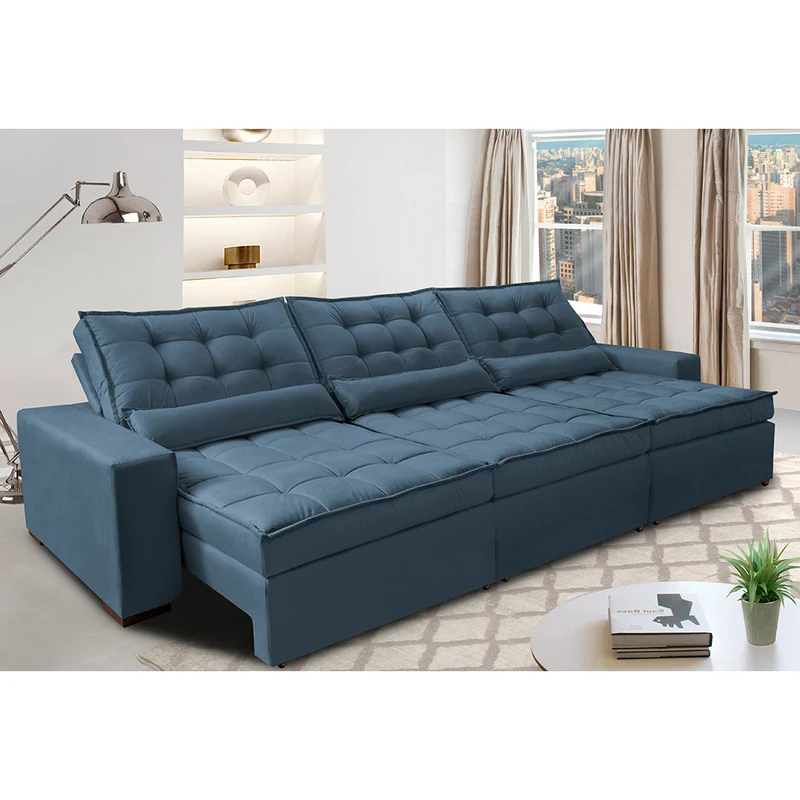 Sofá Retrátil e Reclinável com Molas Ensacadas Cama inBox Gold Tecido Suede Velusoft Azul / 3,52m