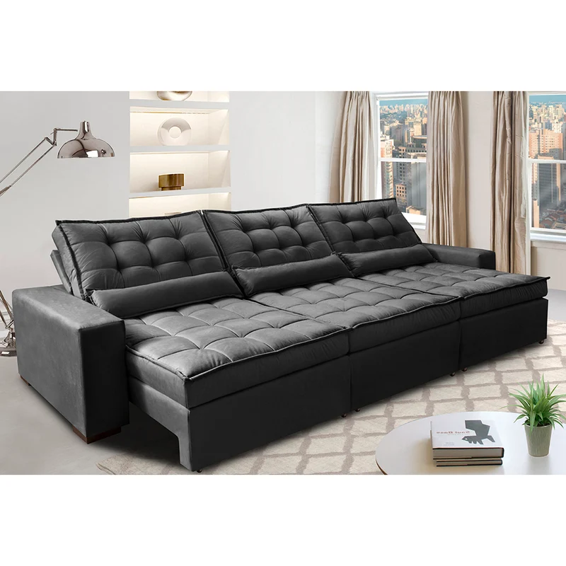Sofá Retrátil e Reclinável com Molas Ensacadas Cama inBox Gold Tecido Suede Velusoft Preto / 3,52m