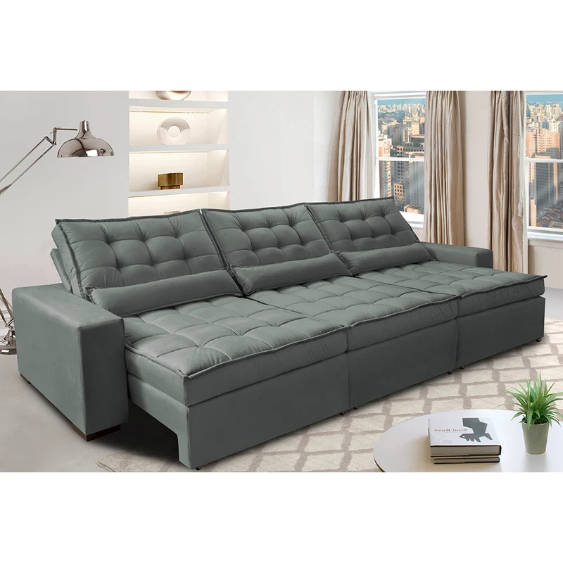 Sofá Retrátil e Reclinável com Molas Ensacadas Cama inBox Gold Tecido Suede Velusoft Cinza / 4,12m
