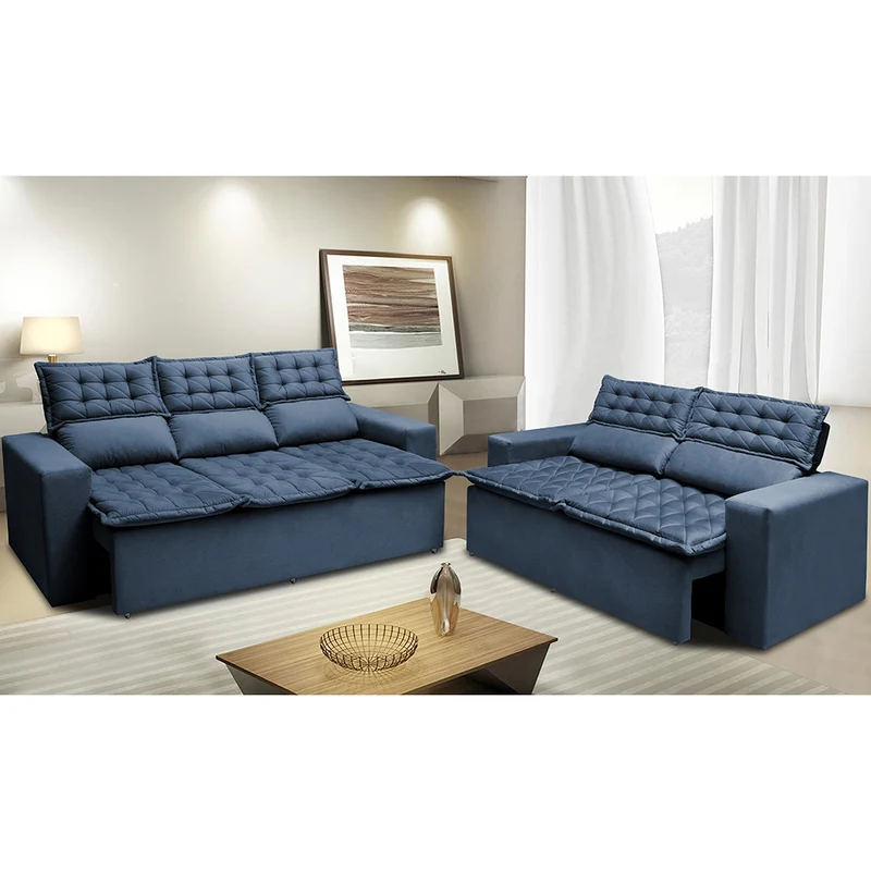 Conjunto de Sofá 3 e 2 Lugares Retrátil e Reclinável Cama inBox Slim Azul / 2,00m x 1,50m