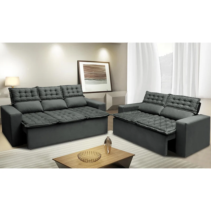 Conjunto de Sofá 3 e 2 Lugares Retrátil e Reclinável Cama inBox Slim Cinza / 2,00m x 1,50m