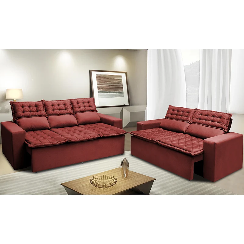 Conjunto de Sofá 3 e 2 Lugares Retrátil e Reclinável Cama inBox Slim Vermelho / 2,00m x 1,50m