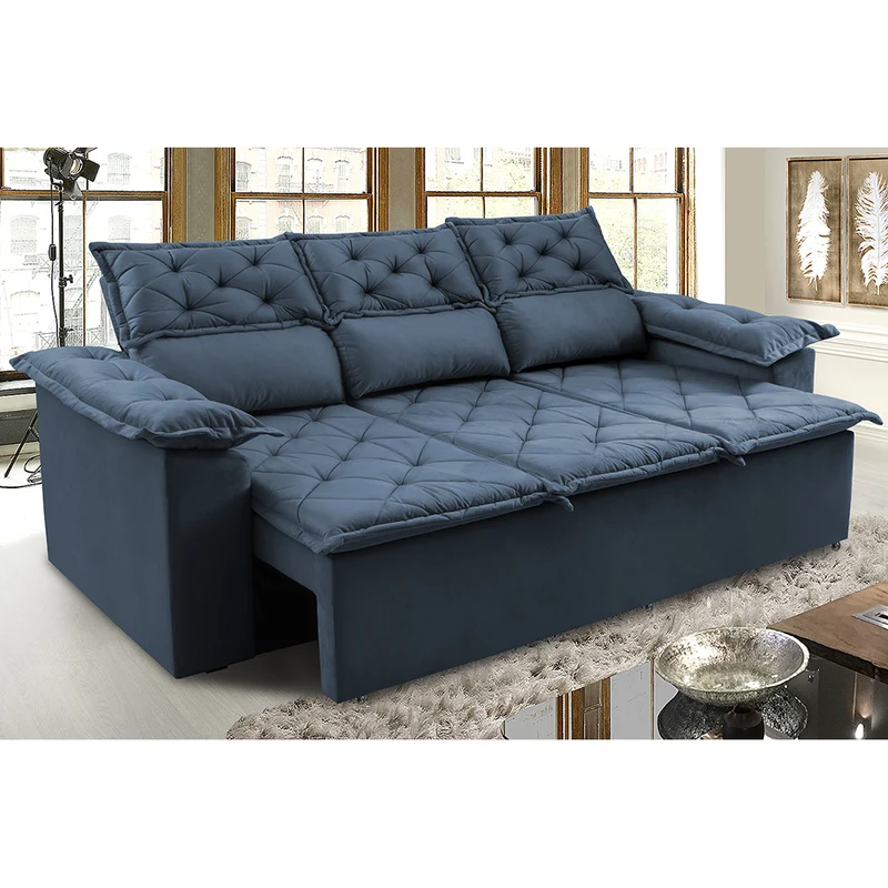 Sofá Retrátil e Reclinável Cama inBox Compact Velusoft Azul / 2,00m