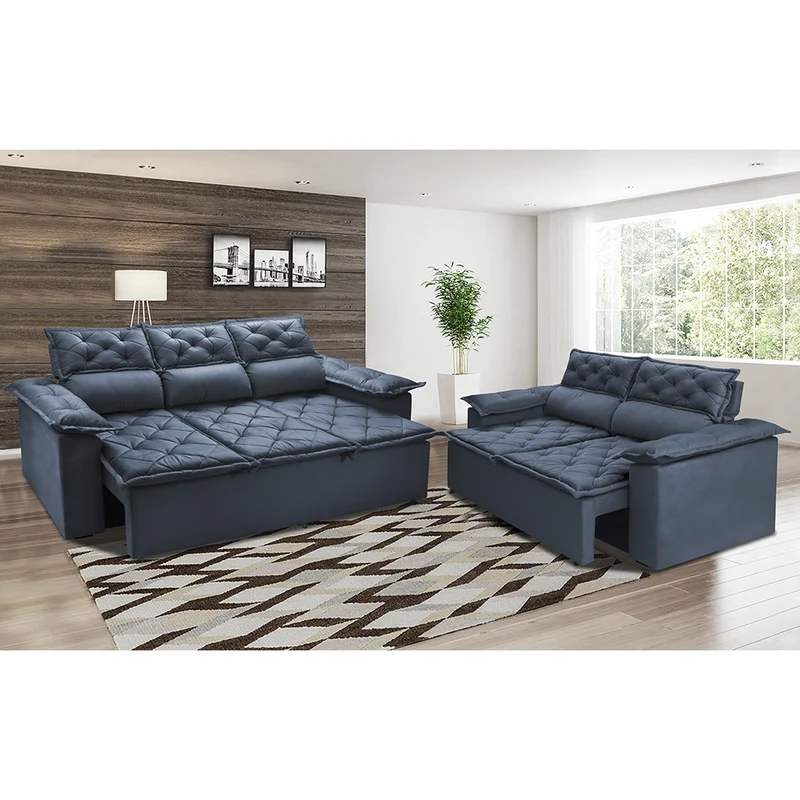 Conjunto de Sofá 3 e 2 Lugares Retrátil e Reclinável Cama inBox Compact Azul / 2,00m x 1,50m