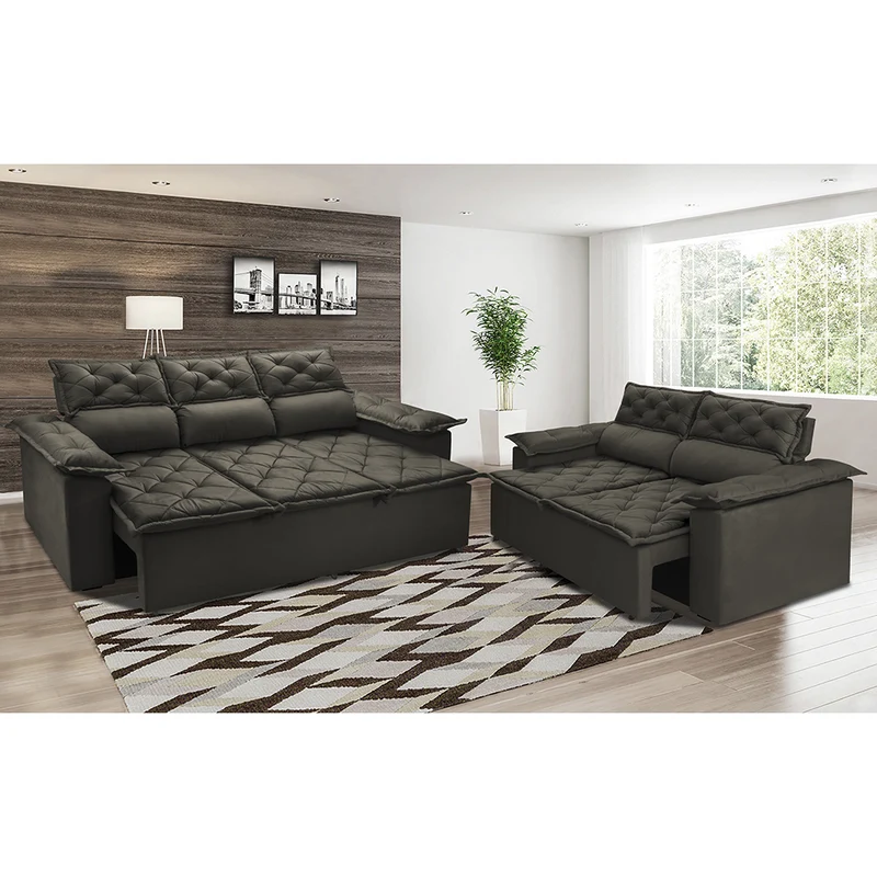 Conjunto de Sofá 3 e 2 Lugares Retrátil e Reclinável Cama inBox Compact Café / 2,00m x 1,50m