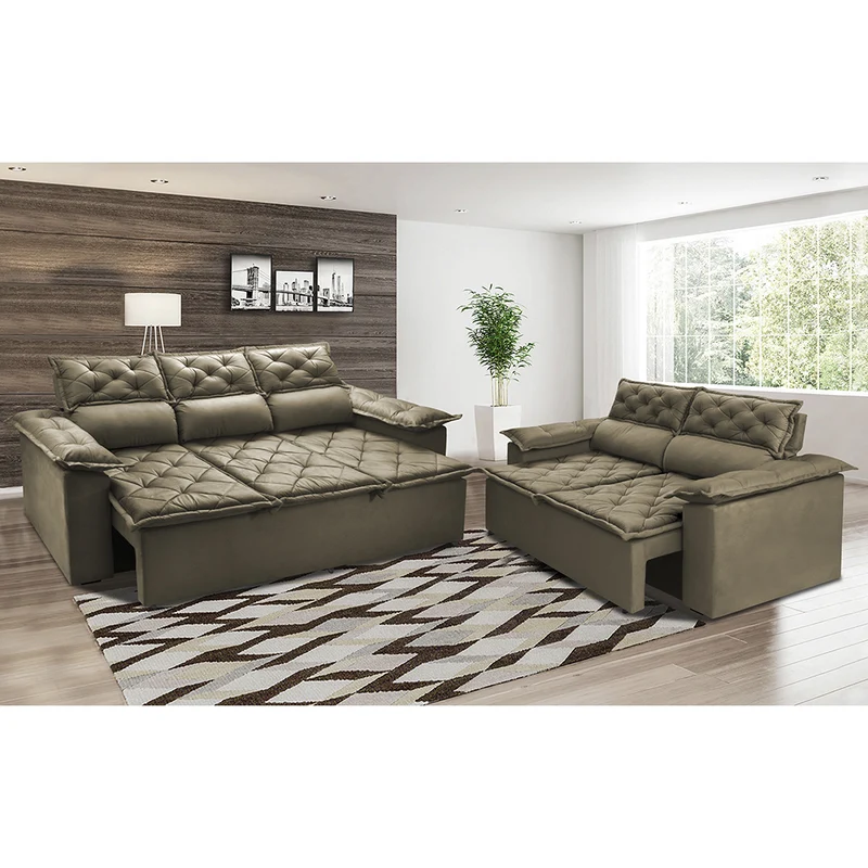 Conjunto de Sofá 3 e 2 Lugares Retrátil e Reclinável Cama inBox Compact Castor / 2,00m x 1,50m