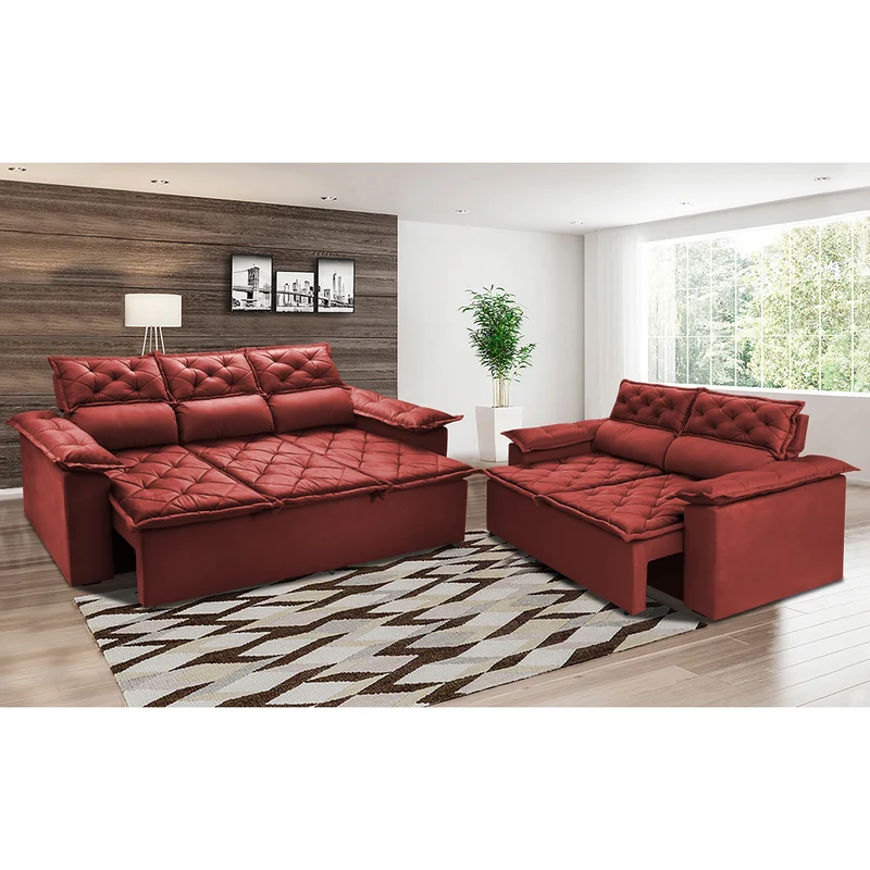 Conjunto de Sofá 3 e 2 Lugares Retrátil e Reclinável Cama inBox Compact Vermelho / 2,00m x 1,50m