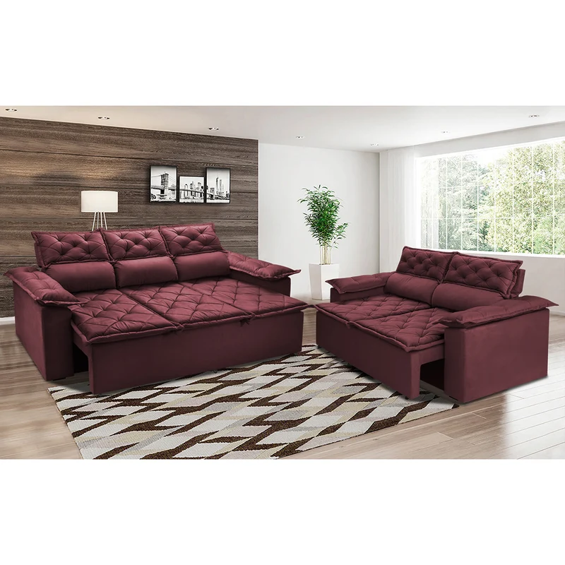 Conjunto de Sofá 3 e 2 Lugares Retrátil e Reclinável Cama inBox Compact Vinho / 2,00m x 1,50m