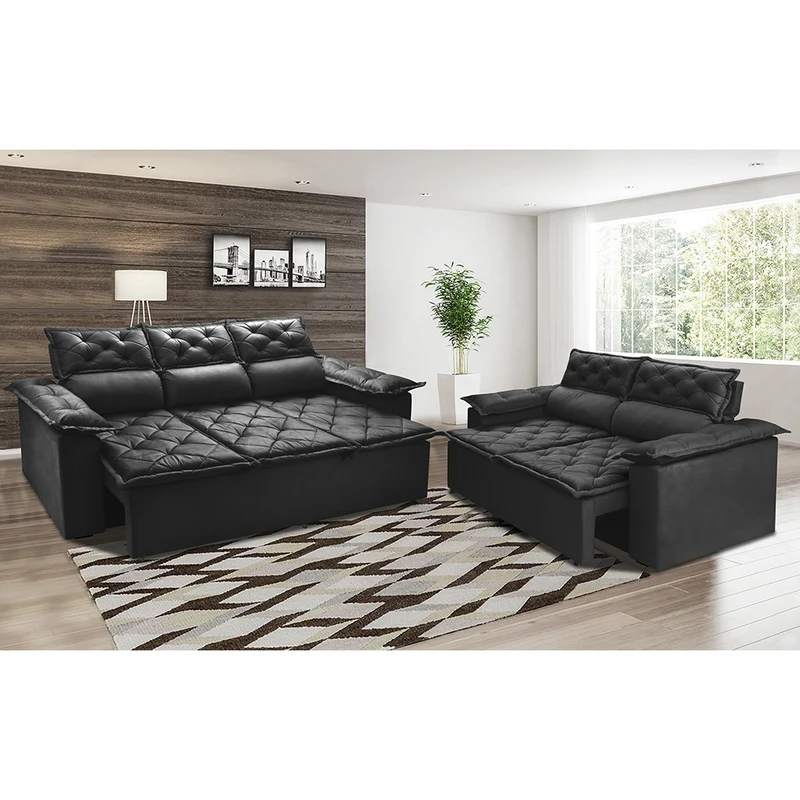 Conjunto de Sofá 3 e 2 Lugares Retrátil e Reclinável Cama inBox Compact Preto / 2,00m x 1,50m