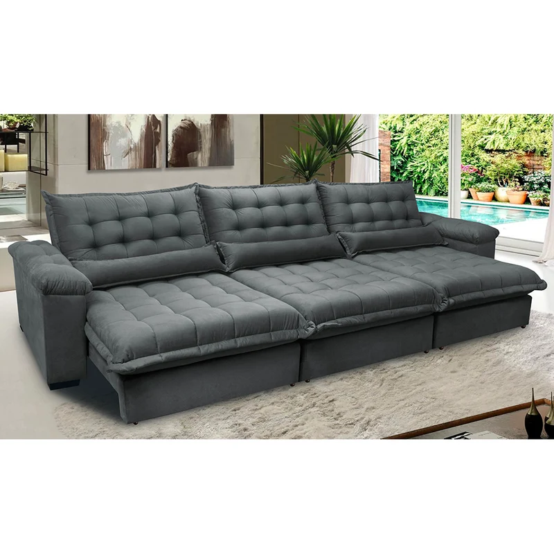 Sofá Retrátil e Reclinável Aconchego com Molas Ensacadas Velusoft Cama inBox Cinza / 3,22m