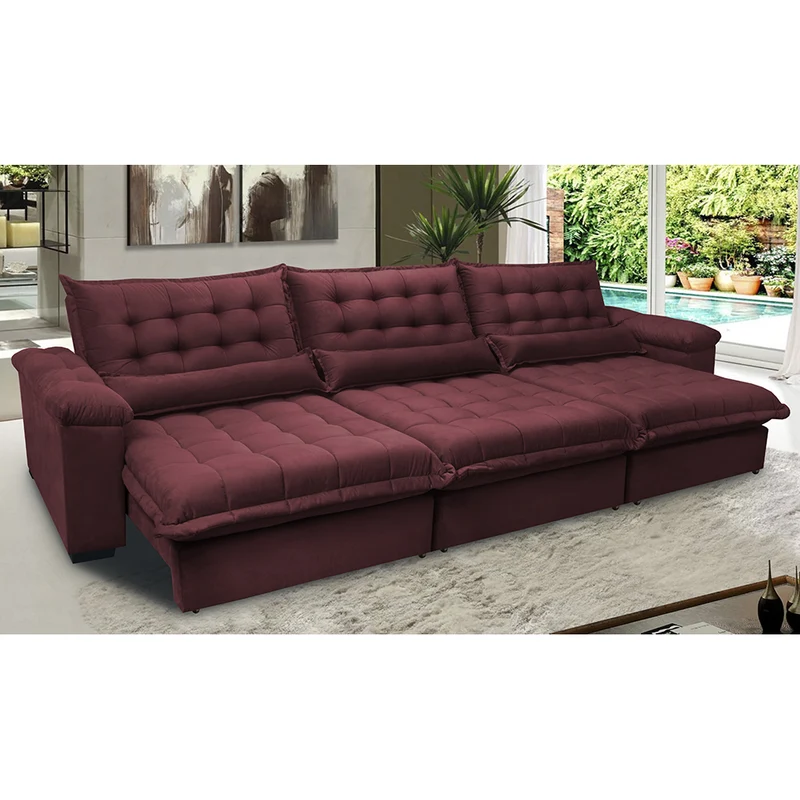 Sofá Retrátil e Reclinável Aconchego com Molas Ensacadas Velusoft Cama inBox Vinho / 3,22m