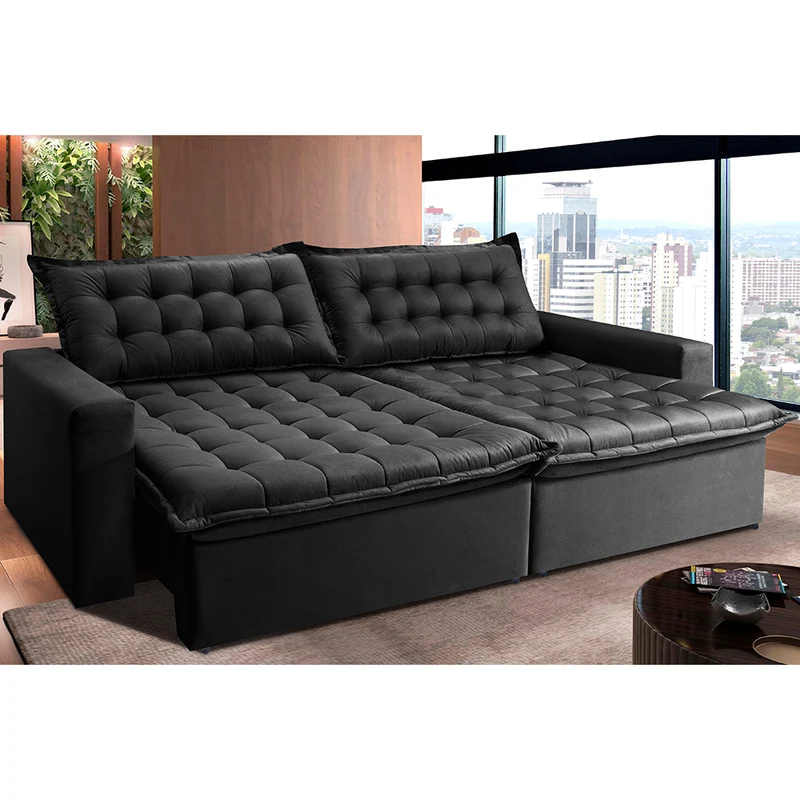 Sofá Retrátil Reclinável e Cama Cama inBox Flex Suede Velusoft Preto / 2,95m