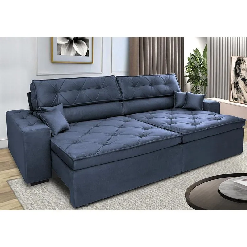 Sofá Retrátil e Reclinável 2,12m com Molas Cama inBox Estilo Suede Velusoft Azul