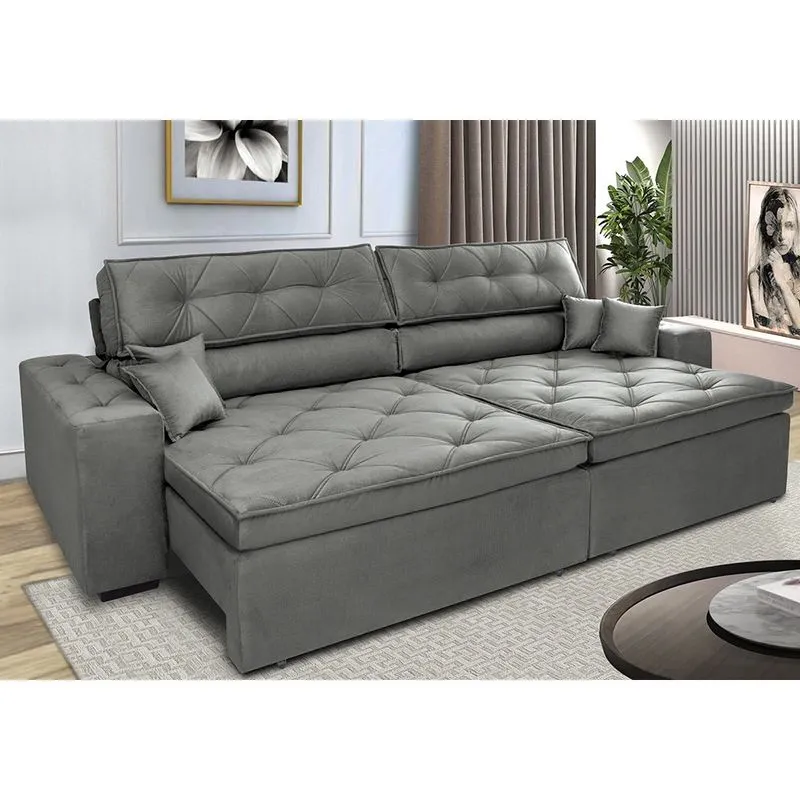 Sofá Retrátil e Reclinável 2,12m com Molas Cama inBox Estilo Suede Velusoft Cinza