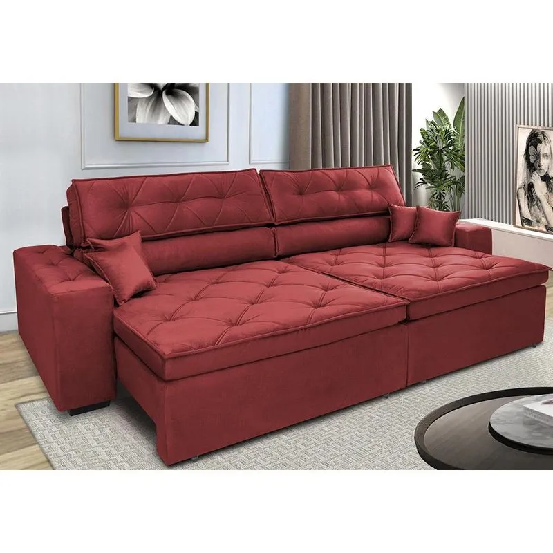 Sofá Retrátil e Reclinável 2,12m com Molas Cama inBox Estilo Suede Velusoft Vermelho