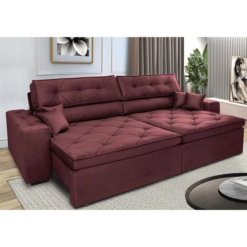 Sofá Retrátil e Reclinável 2,72m com Molas Cama inBox Estilo Suede Velusoft Vinho