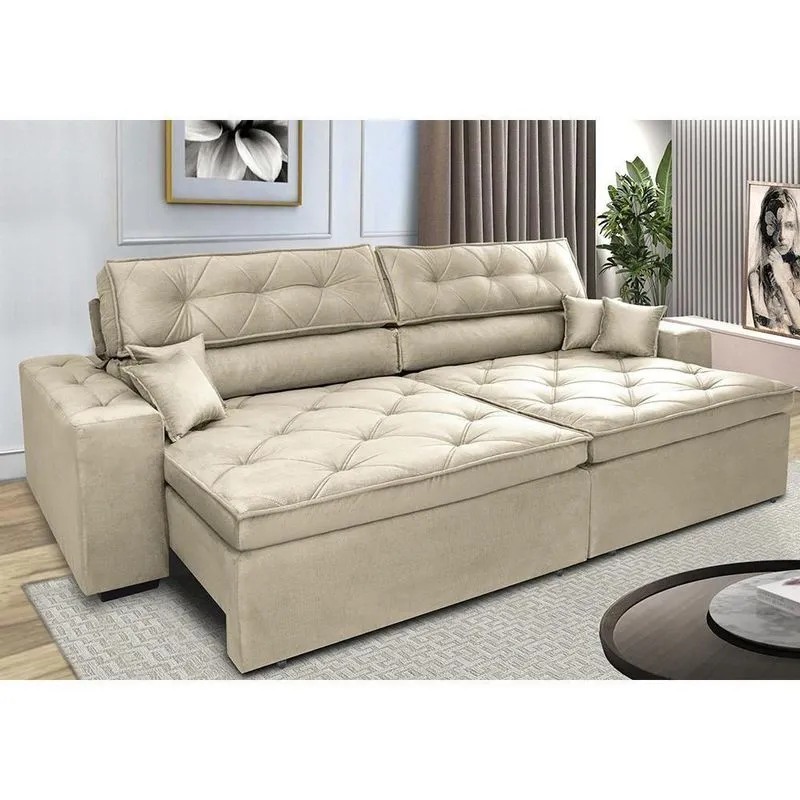 Sofá Retrátil E Reclinável 3,12m Com Molas Cama Inbox Estilo Suede Velusoft Bege