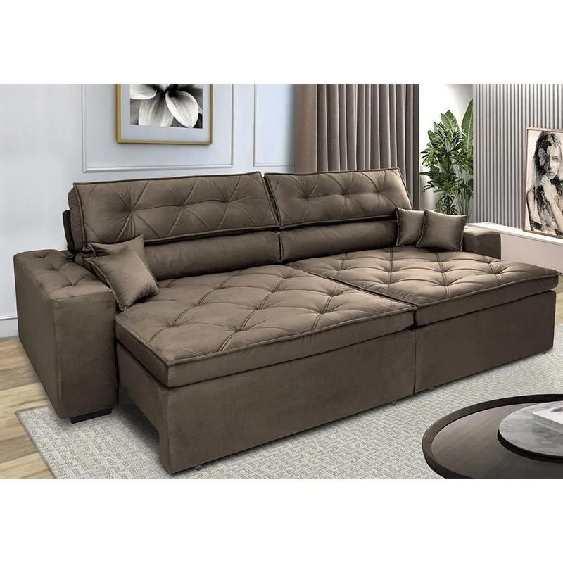 Sofá Retrátil E Reclinável 3,12m Com Molas Cama Inbox Estilo Suede Velusoft Café