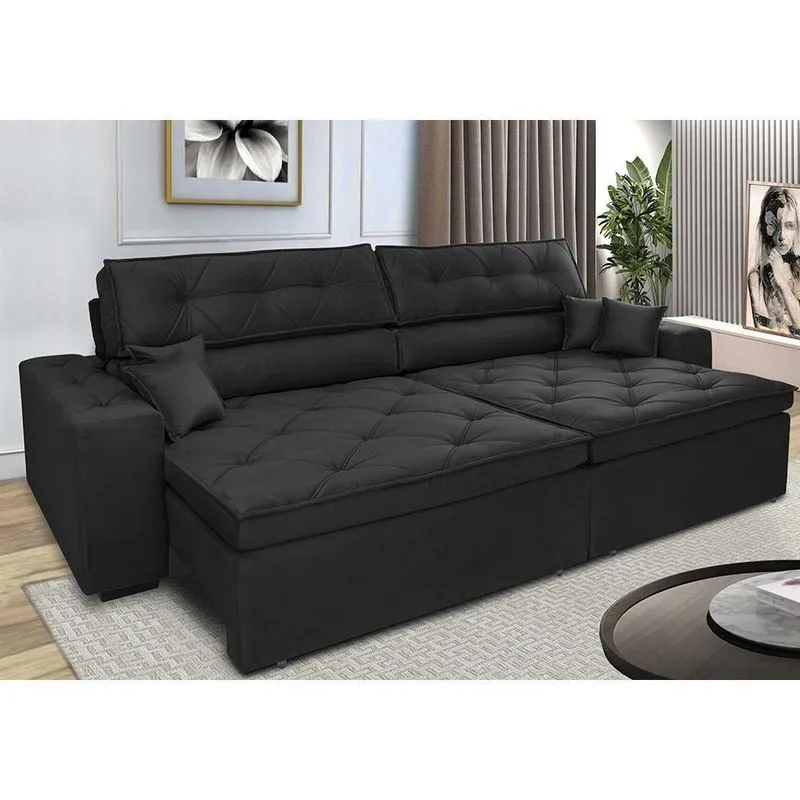 Sofá Retrátil E Reclinável 3,12m Com Molas Cama Inbox Estilo Suede Velusoft Preto
