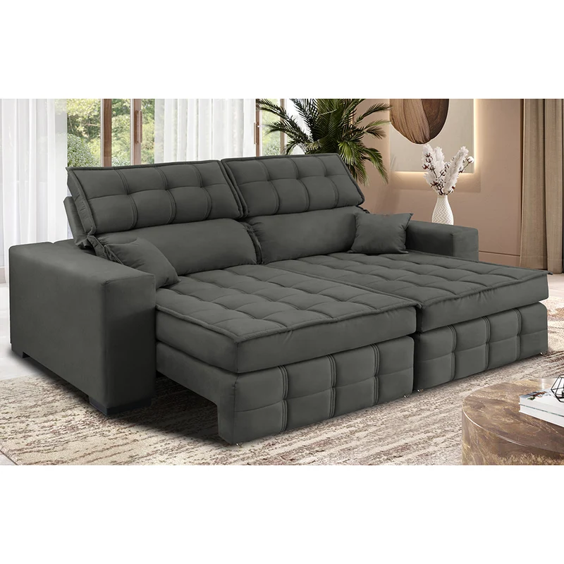 Sofá Retrátil e Reclinável Nobre com Molas Ensacadas Velusoft Cama inBox Cinza / 1,80m