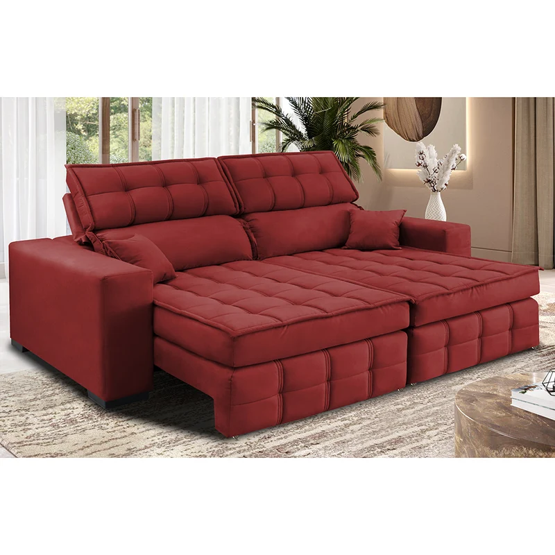 Sofá Retrátil e Reclinável Nobre com Molas Ensacadas Velusoft Cama inBox Vermelho / 1,80m