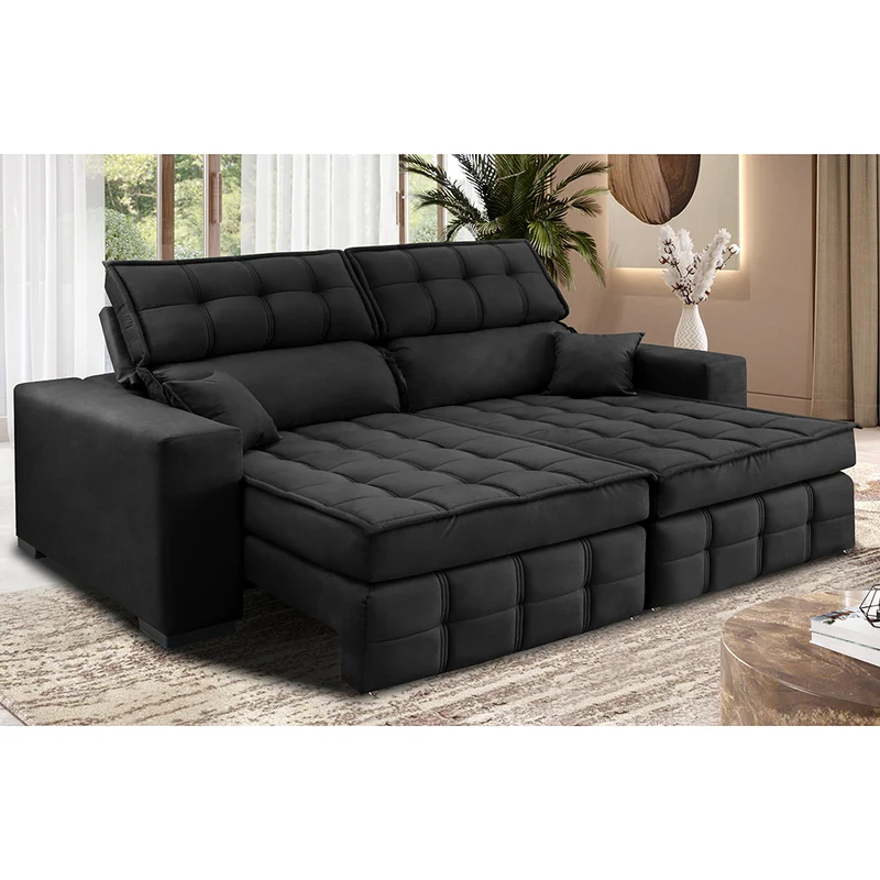 Sofá Retrátil e Reclinável Nobre com Molas Ensacadas Velusoft Cama inBox Preto / 1,80m