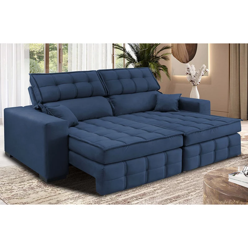 Sofá Retrátil e Reclinável Nobre com Molas Ensacadas Velusoft Cama inBox Azul / 2,00m