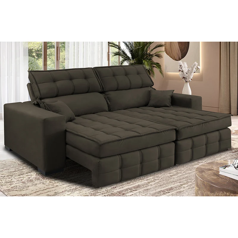 Sofá Retrátil e Reclinável Nobre com Molas Ensacadas Velusoft Cama inBox Café / 2,20m