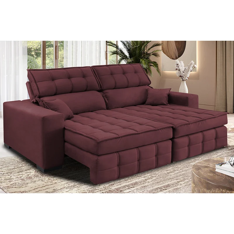 Sofá Retrátil e Reclinável Nobre com Molas Ensacadas Velusoft Cama inBox Vinho / 2,20m