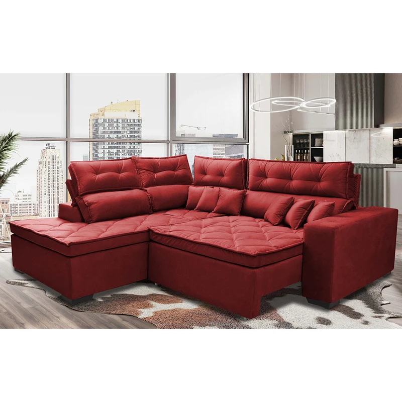 Sofá de Canto Esquerdo Retrátil e Reclinável com Molas Cama inBox Platinum Suede Vermelho / 2,60m x 2,36m
