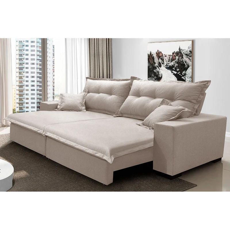 Sofá Retrátil e Reclinável com Molas Ensacadas Cama inBox Prime Tecido Linho Bege Claro / 3,52m
