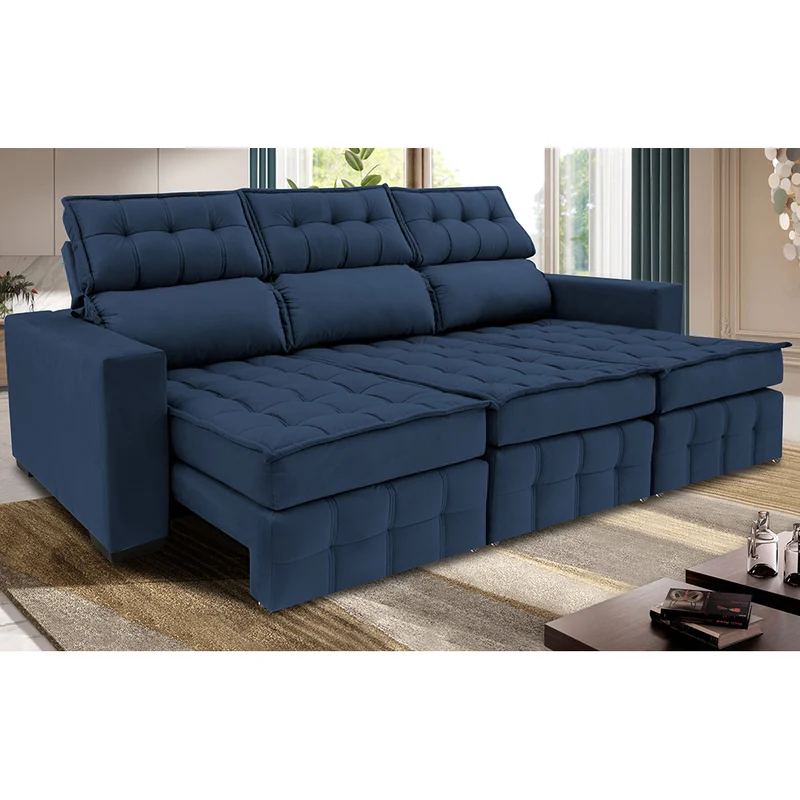 Sofá Retrátil e Reclinável Nobre com Molas Ensacadas Velusoft Cama inBox Azul / 2,50m