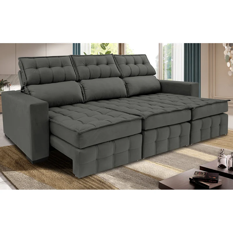 Sofá Retrátil e Reclinável Nobre com Molas Ensacadas Velusoft Cama inBox Cinza / 2,50m