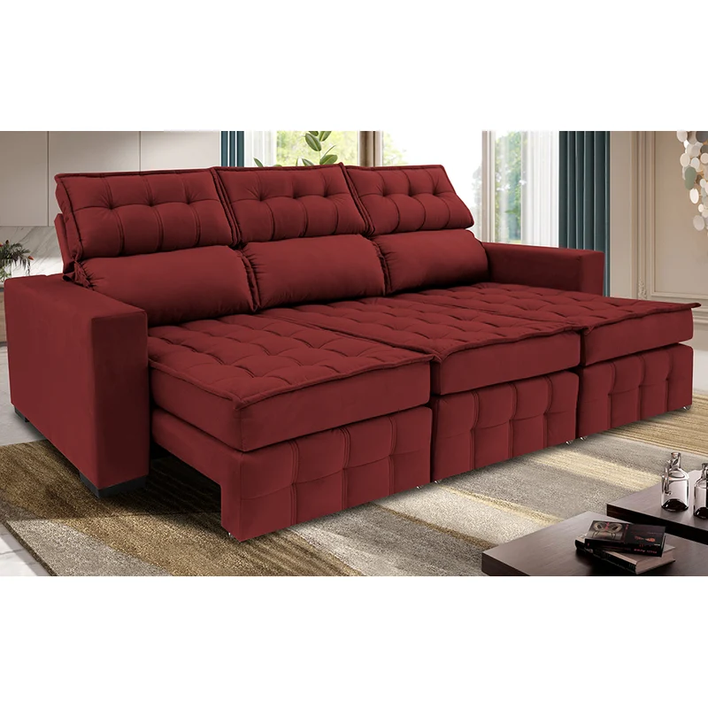 Sofá Retrátil e Reclinável Nobre com Molas Ensacadas Velusoft Cama inBox Vermelho / 2,50m