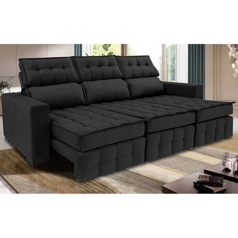 Sofá Retrátil e Reclinável Nobre com Molas Ensacadas Velusoft Cama inBox Preto / 2,50m