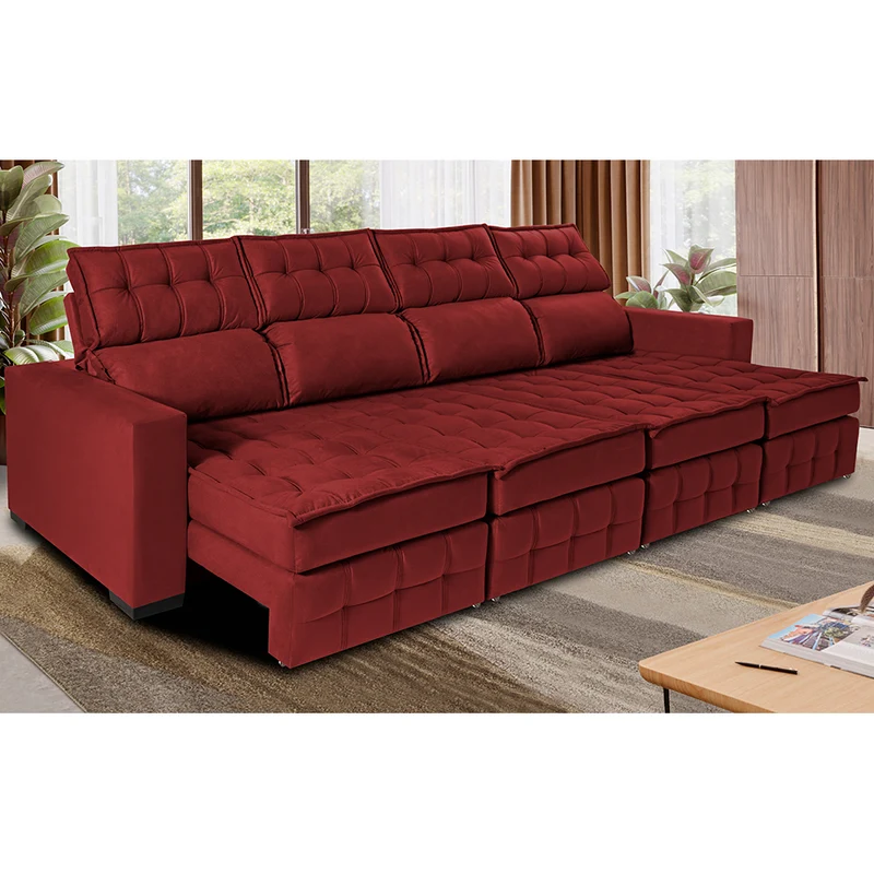 Sofá Retrátil e Reclinável Nobre com Molas Ensacadas Velusoft Cama inBox Vermelho / 3,20m