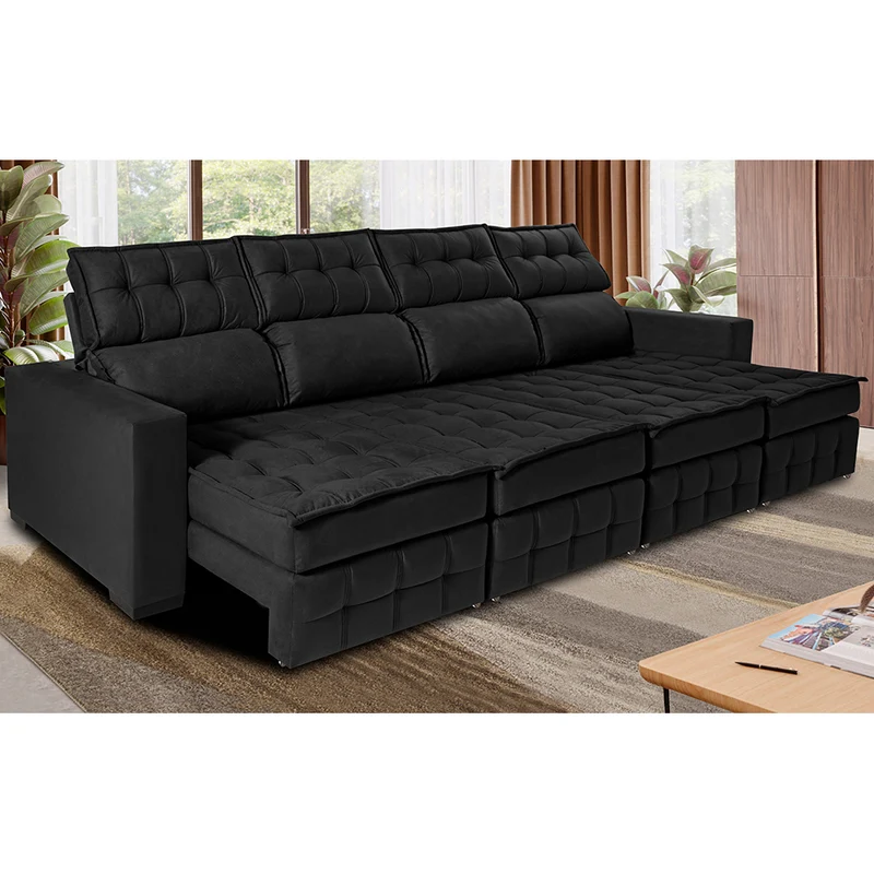 Sofá Retrátil e Reclinável Nobre com Molas Ensacadas Velusoft Cama inBox Preto / 3,20m